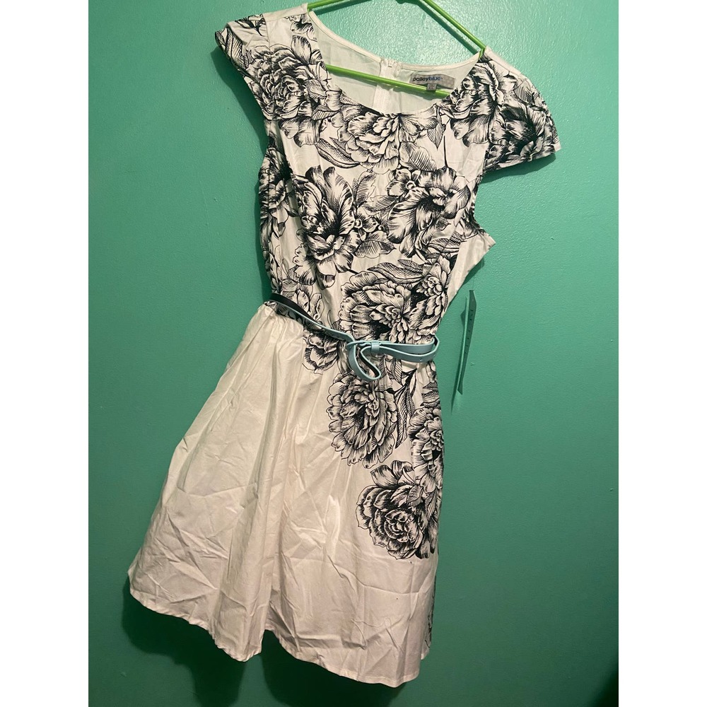 Black & White Party Dress Unattached Contrast Belt zip back cap sleeves